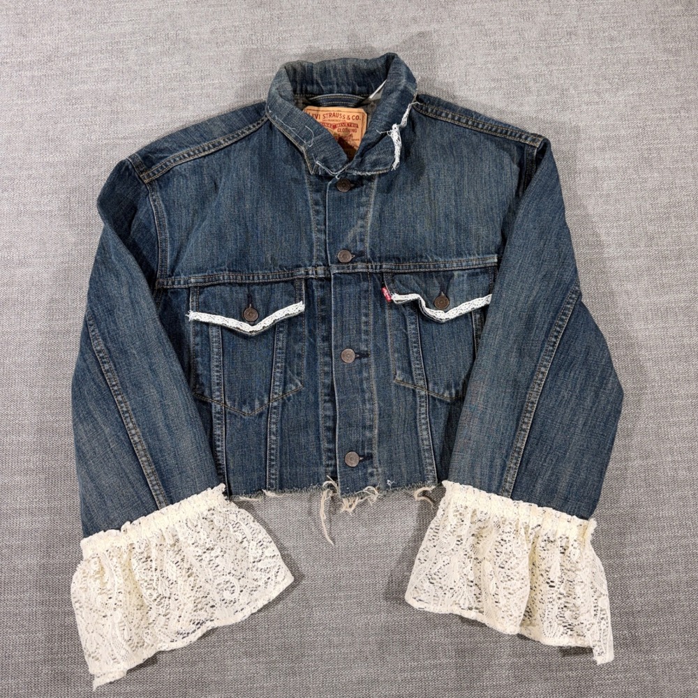 Levi's Denim Jacket Womens XL Blue Good Custom Cropped Lace Leopard Cross Patch